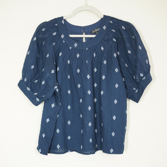 J.Crew Tops - J. Crew Size Medium Navy Blue Block Print Puff Sleeve Cotton Voile Top Cotton